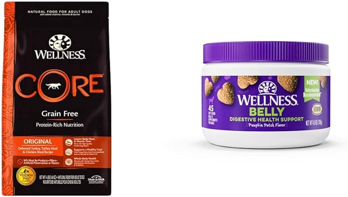 Wellness Food + Supplements Bundle: CORE Natural Grain Free Dry Dog Food, Turkey & Chicken, 4-Pound Bag Digestive Health Soft Chew Dog Supplements, Pumpkin Patch Flavored, 45 Count