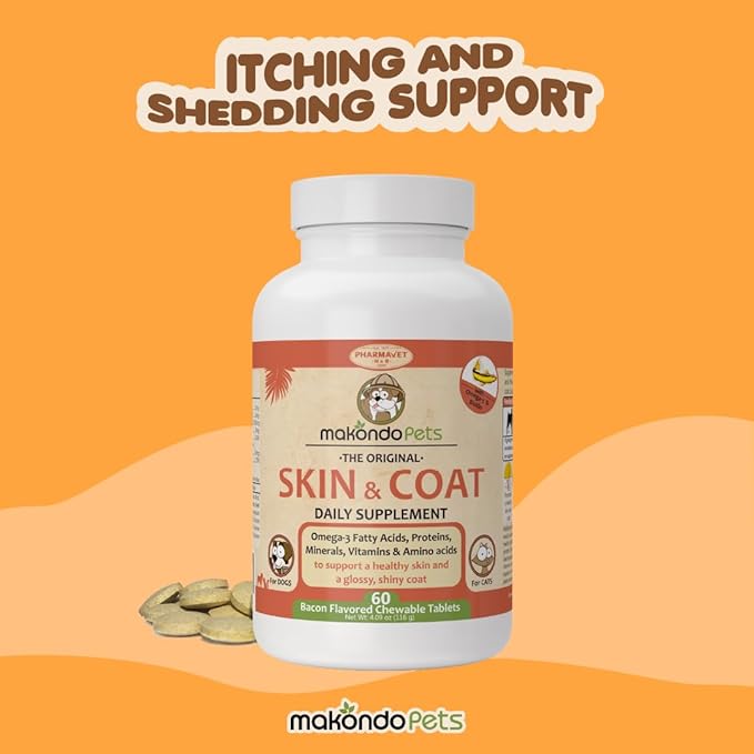 Skin and Coat Supplement with Fish Oil and Omega 3 for Dogs and Cats - Dog Itch Relief Pet Supplement for Shedding, Dry Itchy Skin and Allergies - Dog Allergy Treatment Vitamins (60 Chewable Tablets)