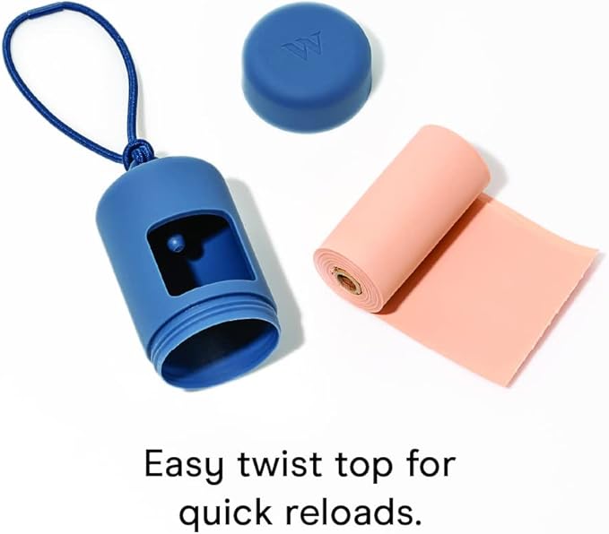 Wild One Dog Poop Bag Holder and Dispenser with Leash Attachment, Leak Proof, Easy Twist Top for Refills, Includes 1 Roll Poop Bags, Blue