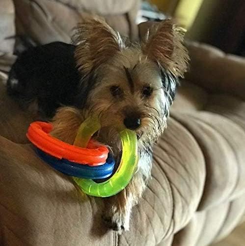 Nerf Dog 10.5in Rubber 3-Ring Tug Dog Toy, Lightweight, Durable and Water Resistant, Single Unit, Blue/Green/Orange
