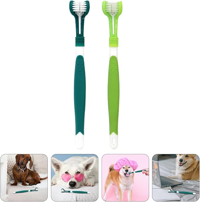 Mipcase 4pcs Head Triple Toothbrush Cleaning for Dogs Headed Care Small Kitten Handle Finger Supplies Pet Dog Hair Oral Tooth Gentle Toothbrushes Teeth Dental Cat Gum Large Green Puppy