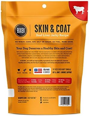 BIXBI Skin & Coat Support Beef Liver Jerky Dog Treats, 5 Oz - USA Made Grain Free Dog Treats - Antioxidant Rich To Support Shiny, Full Bodied Coats - High In Protein, Whole Food Nutrition, No Fillers