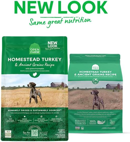 Open Farm Ancient Grains Dry Dog Food, Humanely Raised Meat Recipe with Wholesome Grains and No Artificial Flavors or Preservatives (Homestead Turkey Ancient Grain, 4 Pound (Pack of 1))