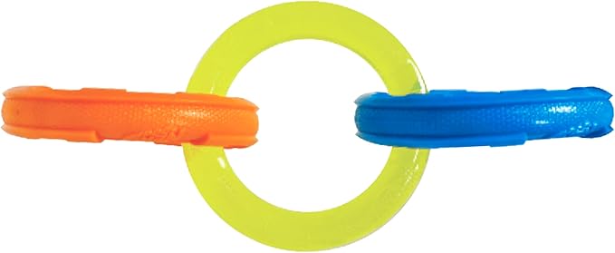 Nerf Dog 10.5in Rubber 3-Ring Tug Dog Toy, Lightweight, Durable and Water Resistant, Single Unit, Blue/Green/Orange