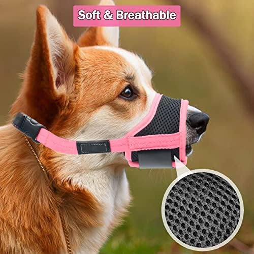 LUCKYPAW Dog Muzzle Anti Biting Barking and Chewing with Comfortable Mesh Soft Fabric and Adjustable Strap, Suitable for Small, Medium and Large Dogs(Pink Trim,S)