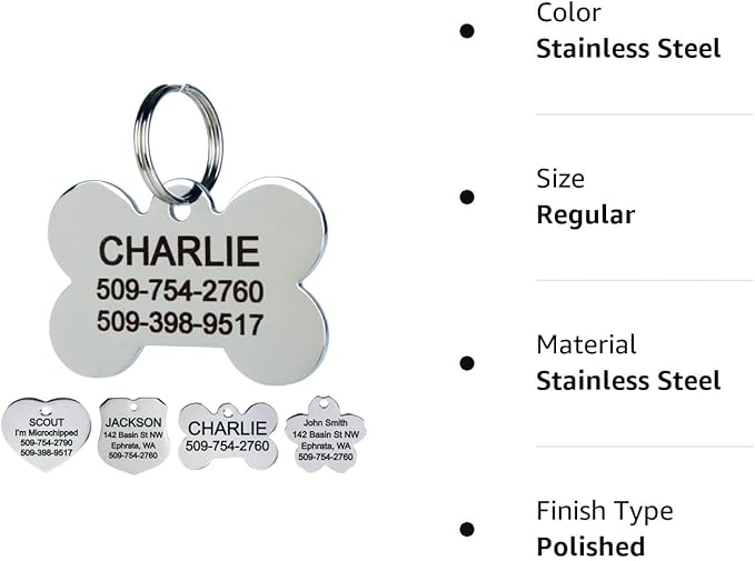 GoTags Dog Tags Personalized Engraved Pet ID Tags, Stainless Steel, Front and Backside Engraving, Available in Bone, Round, Heart, Bow Tie and More, Small and Large Dog and Cat (Pack of 1)