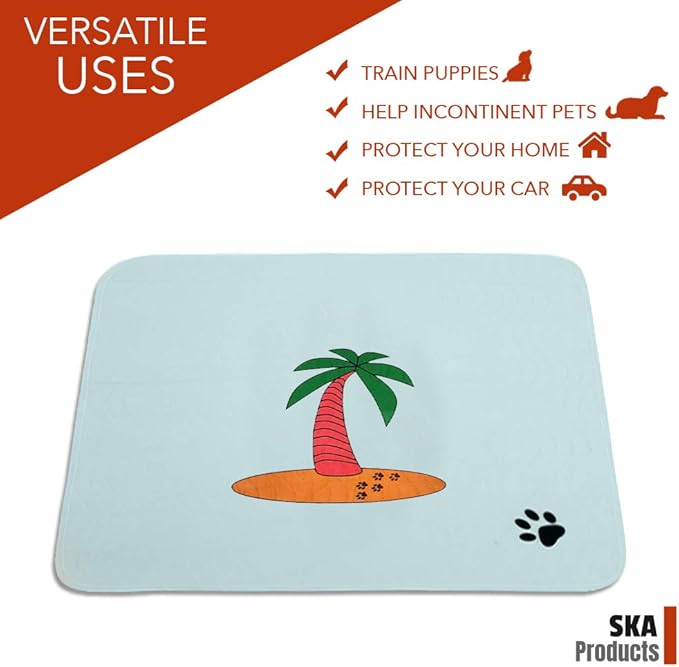 Cute Washable Puppy Pee Pads | 4 Pack Sun, Palm Tree Designs | Large Super Absorbent Wee Wee Potty Mats | Dog Housebreaking, Pet Crate Training | Multi-Purpose Reusable Eco-Friendly | Whelping
