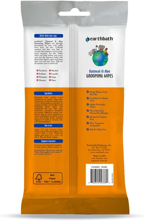 earthbath, Oatmeal & Aloe Grooming Wipes - Dog Wipes for Paws and Butt, Best Pet Wipes for Dogs & Cats, Helps Relieve Itchy & Dry Skin, Made in USA, Cruelty-Free - Vanilla & Almond 30 Count (1 Pack)