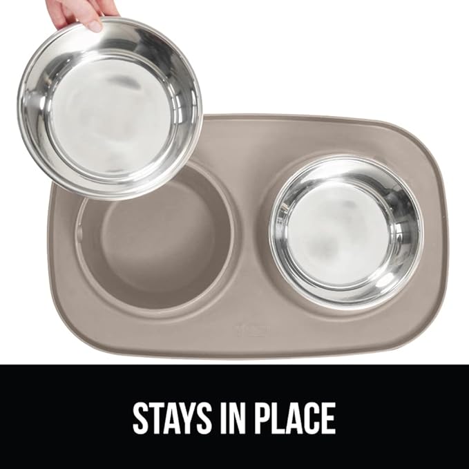 Gorilla Grip 100% Waterproof BPA Free Cat and Dog Bowls Silicone Feeding Mat Set, Stainless Steel Bowl Slip Resistant Raised Edges, Catch Water, Food Mess, No Spills, Pet Accessories, 3 Cup, Beige
