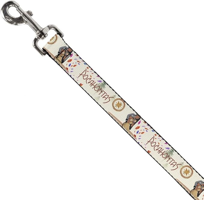 Dog Leash Pocahontas and Meeko Compass Pose with Script and Leaves Beige 6 Feet Long 0.5 Inch Wide