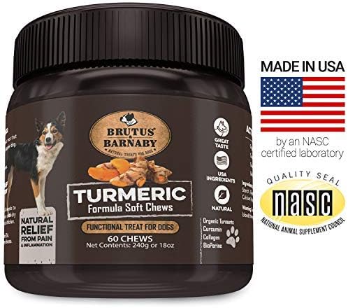 BRUTUS & BARNABY Turmeric for Dogs- Organic Turmeric with Curcumin, Soft Chews with Collagen and Bioprene Provides Hip and Joint Support Reduces Inflammation from Arthritis