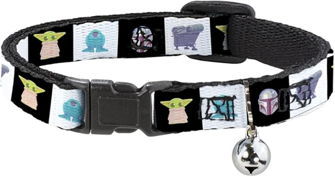 Star Wars Cat Collar, Breakaway Collar with Bell, Star Wars Mandalorian 4 Character Pose Blocks, 8.5 to 12 Inches 0.5 Inch Wide