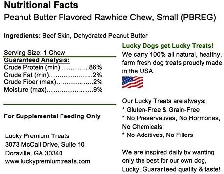 Lucky Premium Treats, Peanut Butter Basted Rawhide, Small Dog Treats, 60 Chews, Gluten Free, 0.15 lbs