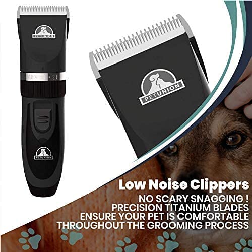 Pet Union Professional Dog Grooming Kit - Cordless Low Noise Dog Clippers for Grooming Thick Coats - All Pet Safe Cat Hair Trimmer - Pet Grooming Kit includes Dog Hair Clippers, Nail Trimmer & Shears