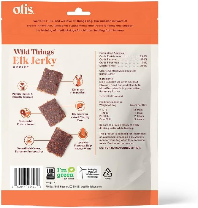 OTIS Elk Jerky for Dogs | Protein Packed, Pasture-Raised, Grass-Fed Elk Jerky Dog Treats Healthy Dog Treats - Wild Things | 4 Ounce Bag