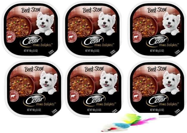 Cesar Home Delights Soft Wet Dog Food Beef Stew, Easy Peel Trays, 3.5 Oz (Pack of 6 with a Mouse Toy)