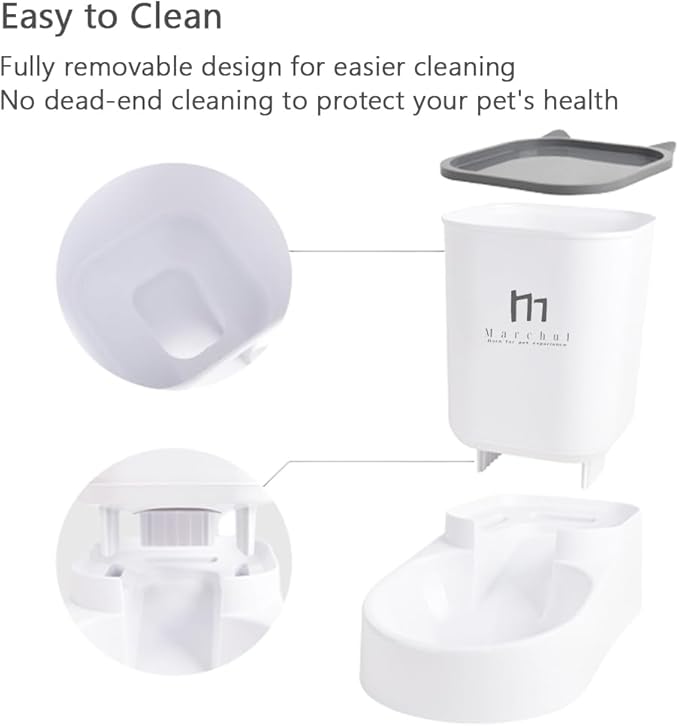 Marchul Cat Feeder and Water Dispenser Set, Automatic Cat Food Dispenser 4.63lb, Gravity Automatic Water Dispenser 1 Gallon, Cat and Dog Feeders with Pet Food Scoop Sponge Bottle Brush