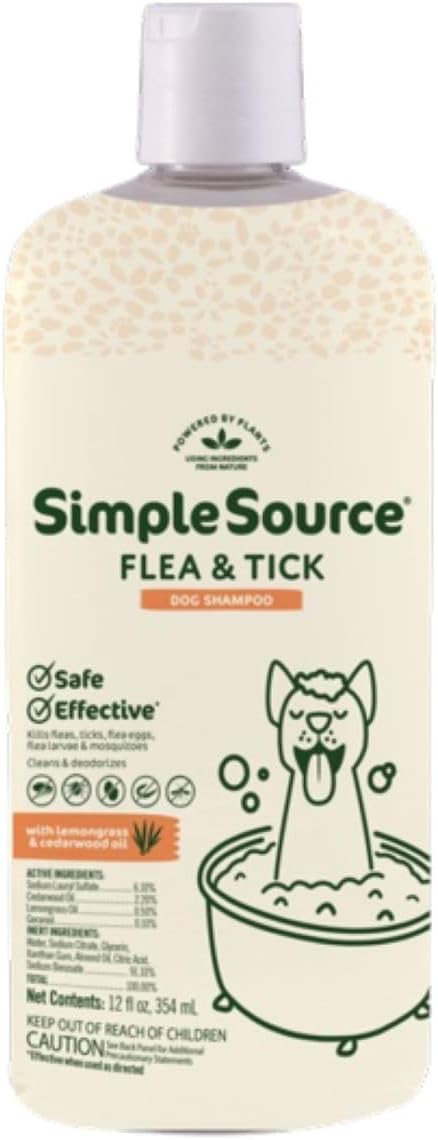 SimpleSource® Flea & Tick Shampoo for Dogs, Powered by Plants, Kills Fleas, Flea Eggs, Flea Larvae, & Ticks, & Mosquitos, Cleans & Deodorizes, 12oz Bottle
