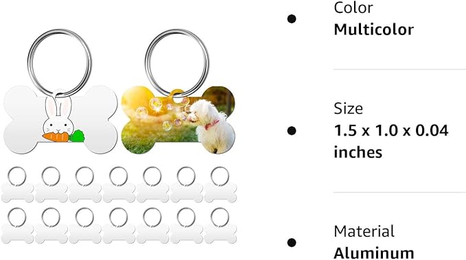 Hotop 16 Pieces Sublimation Blank Dog Tags Aluminum Dog ID Tags BoneShaped Pet Name Tags Double Sided Dog Collar Tags with 16 Pieces Key Rings for Dogs and Cats