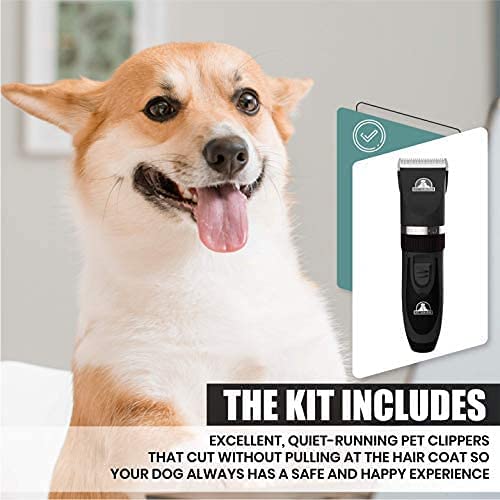 Pet Union Professional Dog Grooming Kit - Cordless Low Noise Dog Clippers for Grooming Thick Coats - All Pet Safe Cat Hair Trimmer - Pet Grooming Kit includes Dog Hair Clippers, Nail Trimmer & Shears