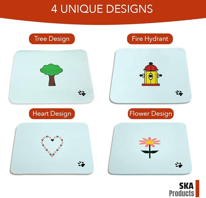 Cute Washable Puppy Pee Pads | 4 Pack Fire Hydrant, Tree, Flower and Heart Designs | Large Super Absorbent Potty Mats | Dog Housebreaking, Pet Crate Training | Multi-Purpose Reusable Eco-Friendly