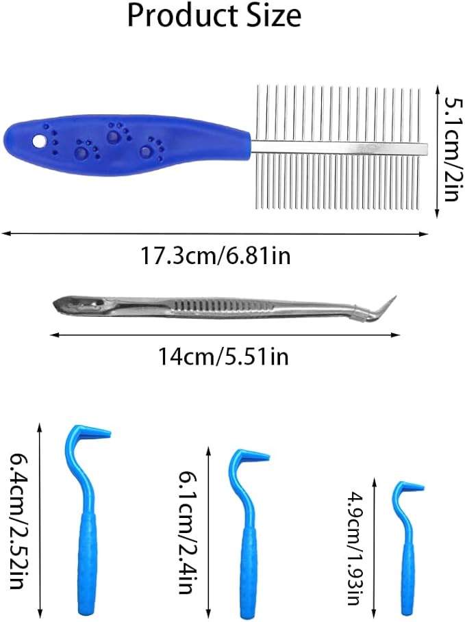 Tick Remover Tool Set(Blue),Remover Flea Combs,Tweezers,Painlessly Tick for Dogs Cats and Humans Pets(5 Pieces)