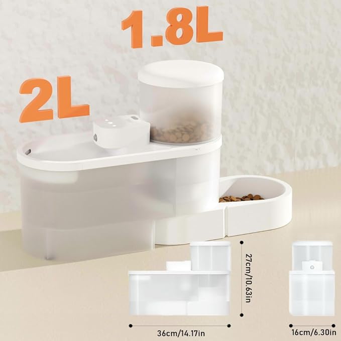 Marchul Wireless Pet Fountain and Gravity Auto Feeder Set, 67 oz(2L) Non-Leakage Silent Pet Fountain with Multi-Angle Auto Cat Feeder, Motion Sensor Pet Fountain Dual Mode, with Filter, Charger