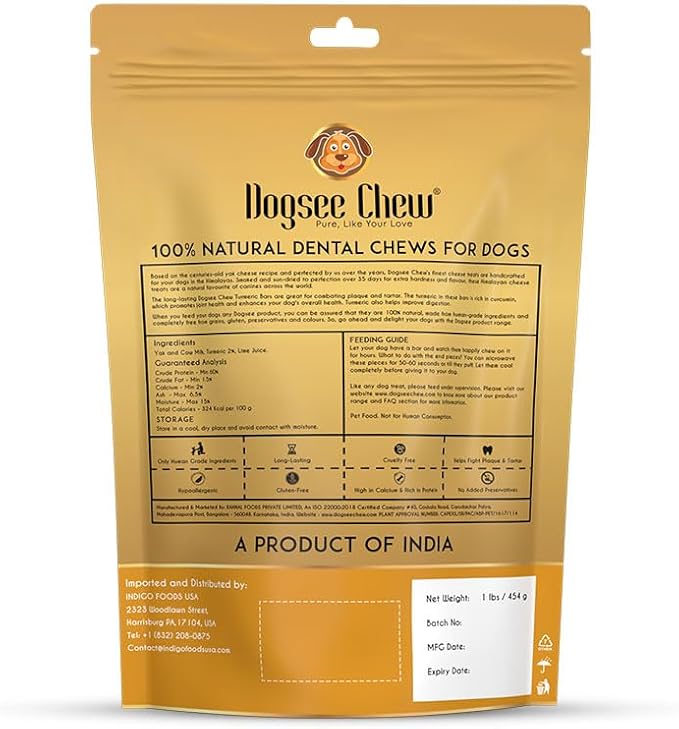 Dogsee Himalayan Yak Cheese Chews with Turmeric 1lb (Large - 4 Chews) | Hip & Joint Health Support for Dogs | Fight Plaque & Tartar | Long Lasting Dental Dog Chews
