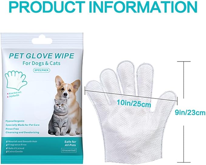 Cleaning Glove for Dog and Cat, Wipes Gloves for Dog and Cat Fur Face, Ear, Eye, Paws Cleaning Wipes Pet Wash Free Gloves, Grooming Wipes for Pet No Rinse Thick Dog Wipes Gloves(6 Pcs)