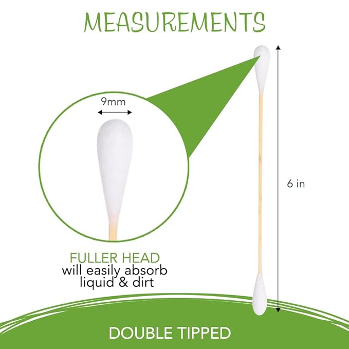 Cotton Swabs for PETS - Long 6'' Bamboo Sticks & Medium Large 0.35" Cotton Tips - Biodegradable, Eco-Friendly & Double Tipped - Pack of 200 (Drawer Box)