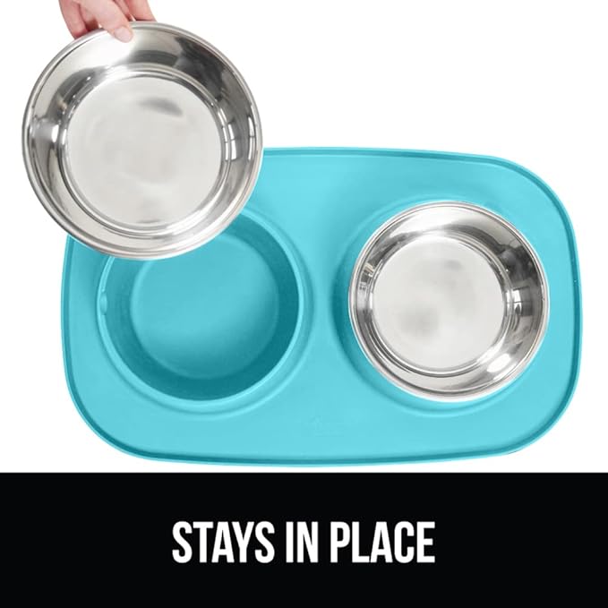Gorilla Grip 100% Waterproof BPA Free Cat and Dog Bowls Silicone Feeding Mat Set, Stainless Steel Bowl Slip Resistant Raised Edges, Catch Water, Food Mess, No Spills, Pet Accessories, 1 Cup, Turquoise