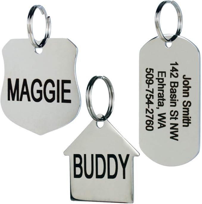 GoTags Dog Tags Personalized Engraved Pet ID Tags, Stainless Steel, Front and Backside Engraving, Available in Bone, Round, Heart, Bow Tie and More, Small and Large Dog and Cat (Pack of 1)