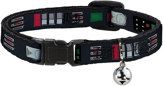 Star Wars Cat Collar, Breakaway Collar with Bell, Star Wars Darth Vader Utility Belt Bounding Black Grays Reds, 8.5 to 12 Inches 0.5 Inch Wide