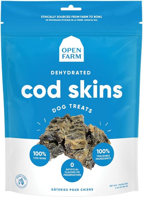 Open Farm Dehydrated Cod Skin Grain-Free Dog Treats, One-Ingredient Gently Cooked Pacific Fish Recipe with No Artificial Flavors or Preservatives, 2.25 oz