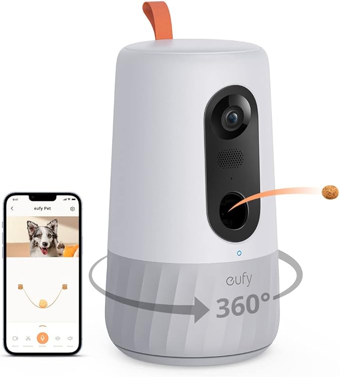 eufy 2K Pet Camera with Phone App, New 2023, 360° View, On-Device AI Tracking, Dog Camera with Treat Dispenser, 2-Way Audio, Doggy Diary, Bark Alerts, Local Storage, No Monthly Fee