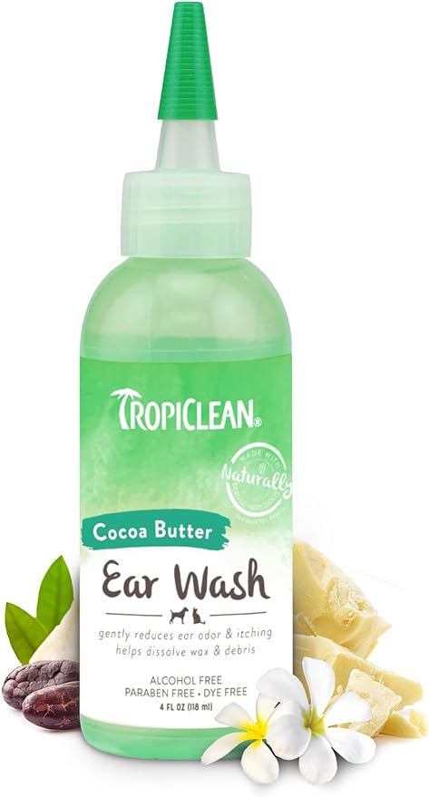 TropiClean Cocoa Butter Ear Wash for Dogs & Cats | Alcohol Free Dog Ear Cleaner Solution | Pet Ear Wash Derived from Natural Ingredients | Made in the USA | 4 oz.