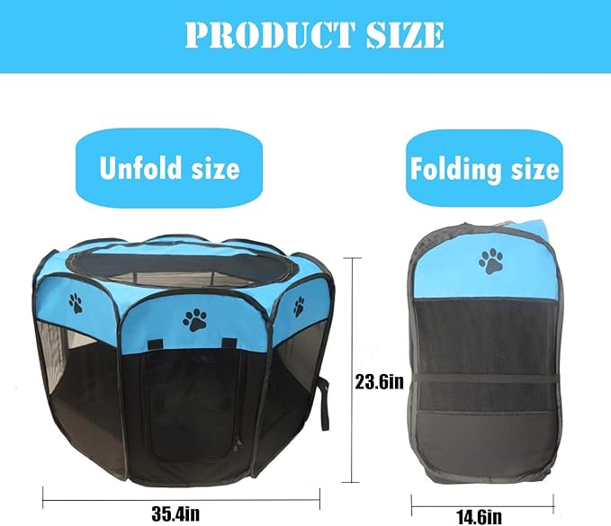 Portable Pet Playpen for Small Cat Dog Puppy Rabbit,Cat Kitten Playpen Indoor Outdoor with Carrying Case,Waterproof Bottom and Removable Zipper Top (M(35.4" x35.4" x23.6"), Blue)