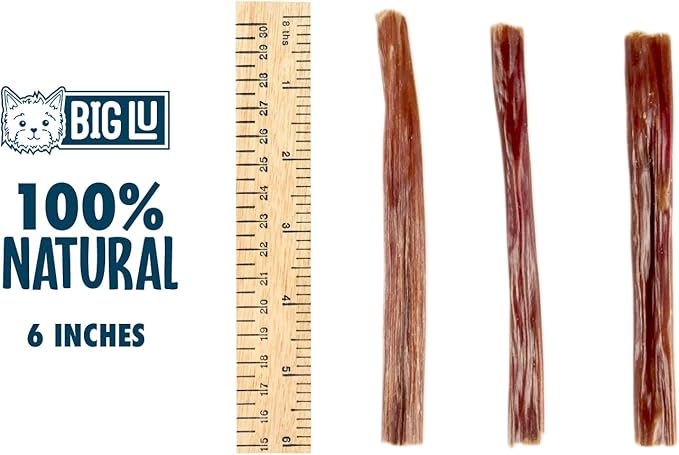Big Lu - Jerky Gullet Stick Dog Chews, Premium 100% Beef, All-Natural Dog Treats, Rich in Glucosamine and Chondroitin for Joint Health, 6-Inch Sticks (12 Sticks)