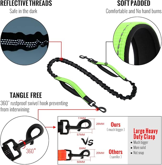Plutus Pet Hands Free Dog Leash, Soft Padded Dual Handle Retractable Bungee Leash with Reflective Stitches, Adjustable Wasit Leash for Dog Walking Running Jogging, for Medium Large Dogs