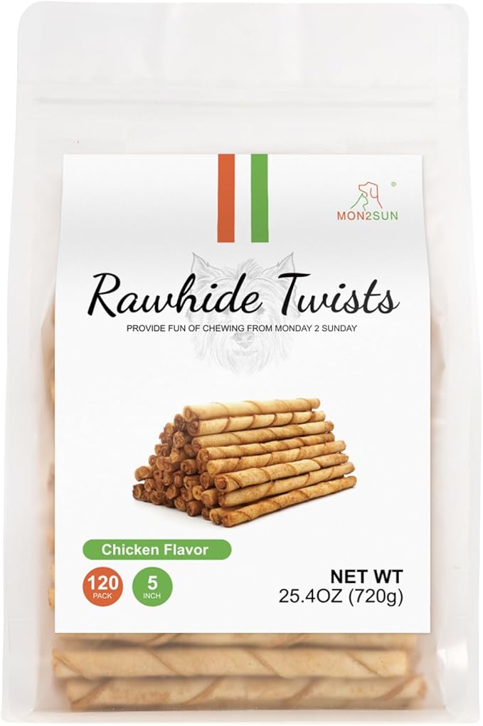 MON2SUN Dog Rawhide Twist Sticks Chicken Flavor 5 Inch Thin Sticks Rawhide Chews Dog Treats for Puppy and Small Dogs 120 Count