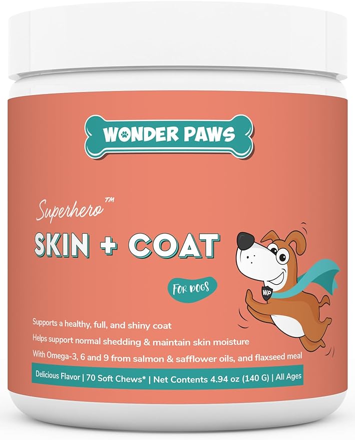 Skin & Coat Supplement for Dogs with Salmon Oil, Omega 3 & 6, EPA & DHA, Promotes Healthy Skin and Coat, Itchy Relief, Joint and Overall Health, Delicious Flavor, 70 skin & coat Soft Chews