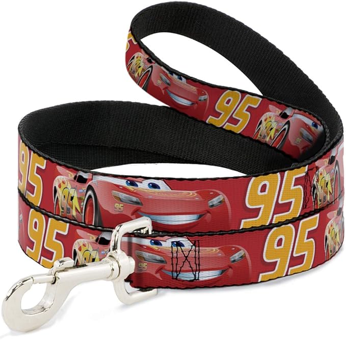 Dog Leash Cars Lightning McQueen Smiling Pose 95 Reds White Orange 4 Feet Long 1.0 Inch Wide