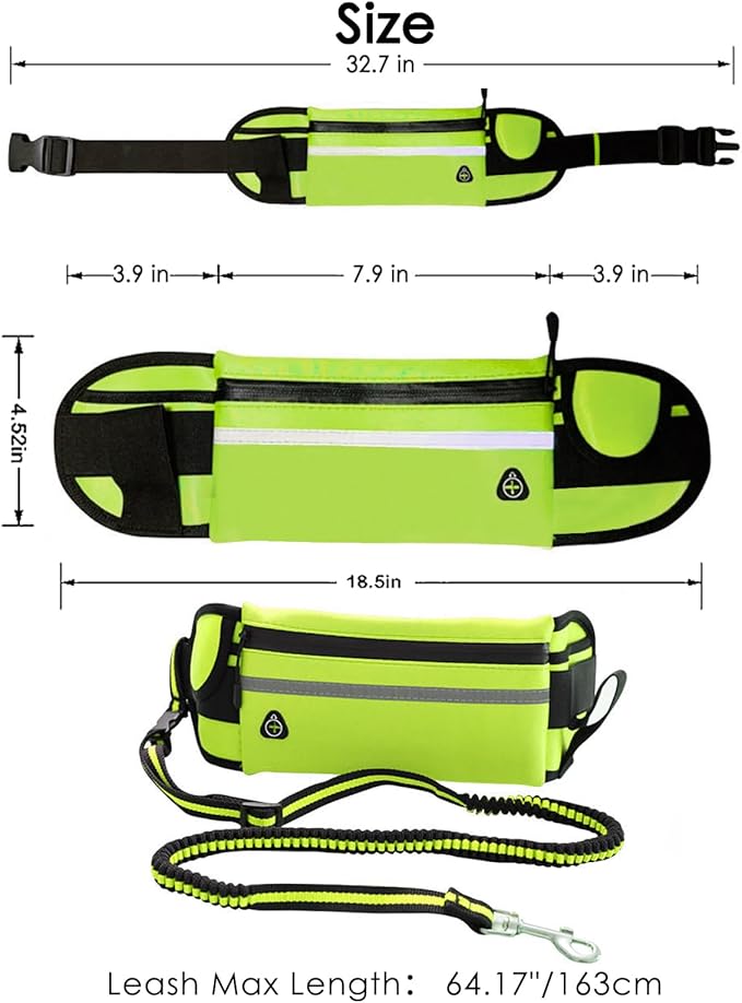Hands Free Dog Leash, Green Dogs Leash Hands Free for Small Large Dogs with Waterproof Zipper Pouch Reflective Durable Adjustable Waist Belt with Handle Bungee for Dog Walking Jogging