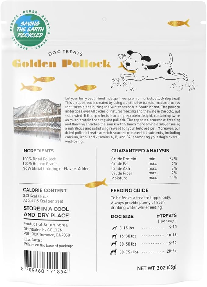 Fish Dog Treat - 100% Pollock - Grain Free - Human Grade - All Natural - Single Ingredient - Air Dried - 3 Ounces