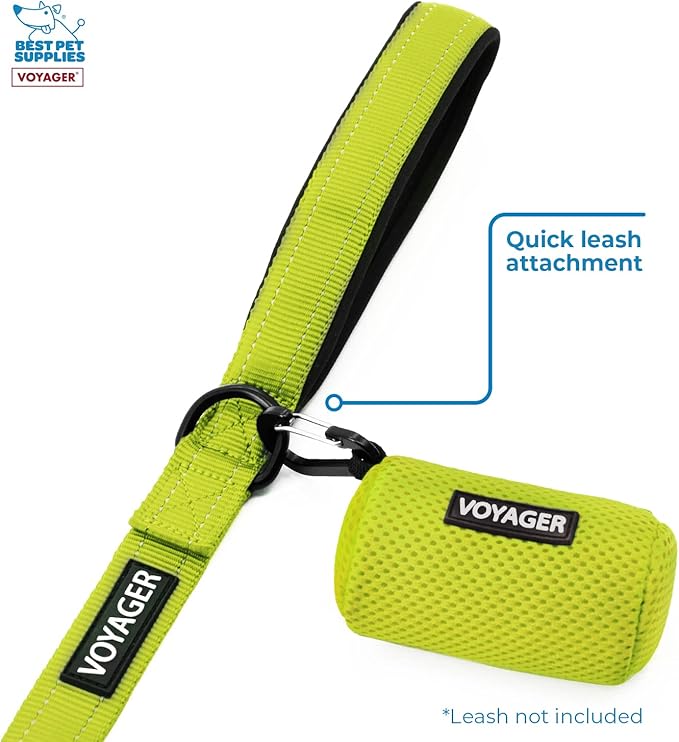 Best Pet Supplies Dog Poop Bag Holder Leash Attachment with 15 Bags, Lime Green, Reusable Mesh Dispenser Pouch for Travel, Walking, Park, and Outdoor Use, Soft and Durable with Clip-On (Pack of 4)