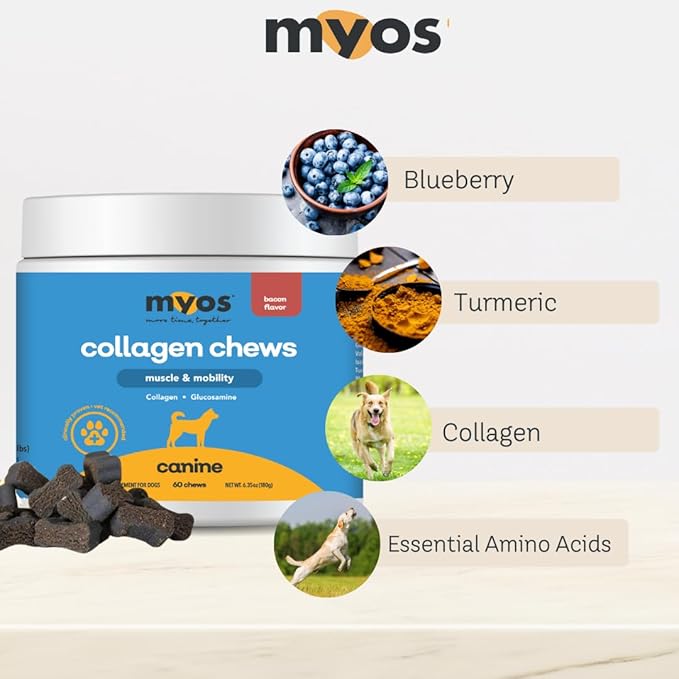 MYOS Canine Muscle & Mobility Chews – Natural Collagen & Glucosamine for Dogs - Bacon Flavor Joint Supplement for Muscle, Bone & Joint Support, 60 Count