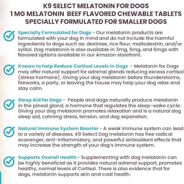 Melatonin for Dogs, 1 mg - 180 Beef Flavored Chewable Tablets - Dog Melatonin for Smaller Breeds - Gentle Well-being Enhancer - Healthy, Tasty Dog Treats That Promote Overall Health