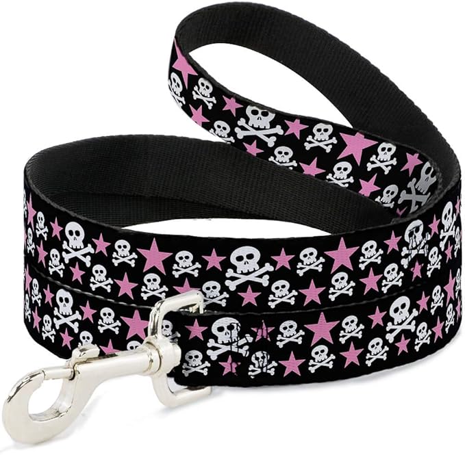 Buckle-Down Dog Leash Skulls Stars Black White Pink Available in Different Lengths and Widths for Small Medium Large Dogs and Cats