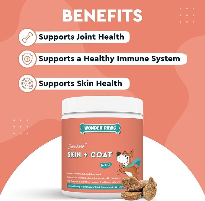 Skin & Coat Supplement for Dogs with Salmon Oil, Omega 3 & 6, EPA & DHA, Promotes Healthy Skin and Coat, Itchy Relief, Joint and Overall Health, Delicious Flavor, 70 skin & coat Soft Chews