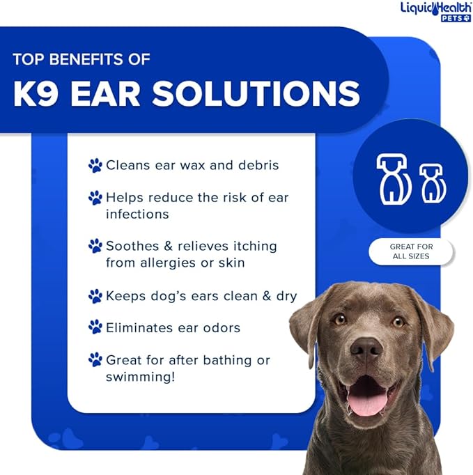LIQUIDHEALTH 12 Fl Oz K9 Dog Ear Cleaner Wash Solutions - Infection Cleaning Hygiene Treatment Drops for Dogs, Canines and Puppies 3 - Pack